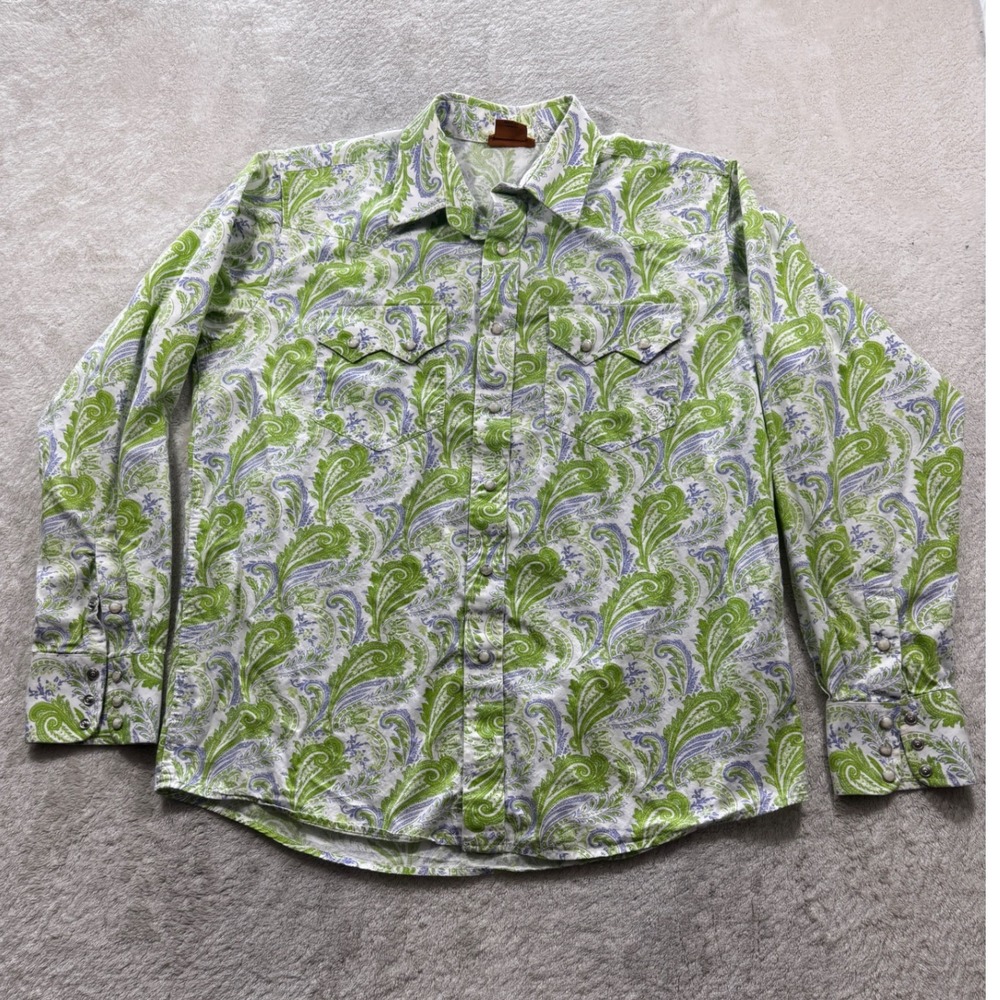 Ariat Mens Long Sleeve Western Pearl Snap Paisley Green Blue Shirt Size L